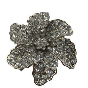 Vintage 1980s Large Silver Tone Pave Diamante Flower Brooch